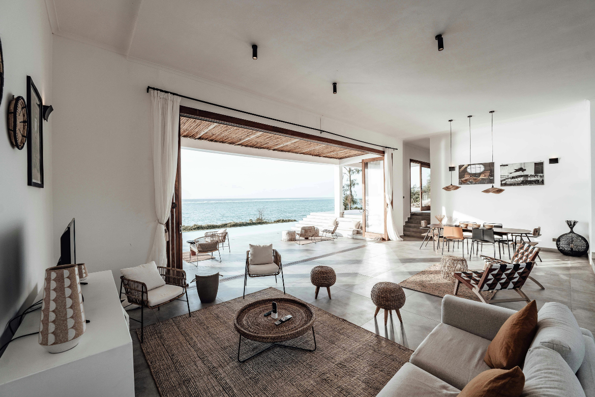 Modern luxury living room with open-concept coastal design