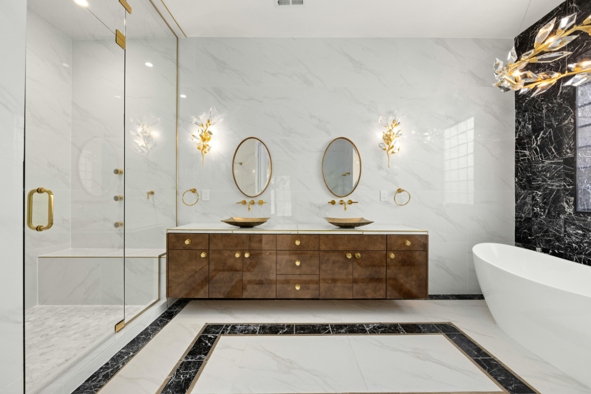 Modern luxury bathroom with glass shower and floating vanity