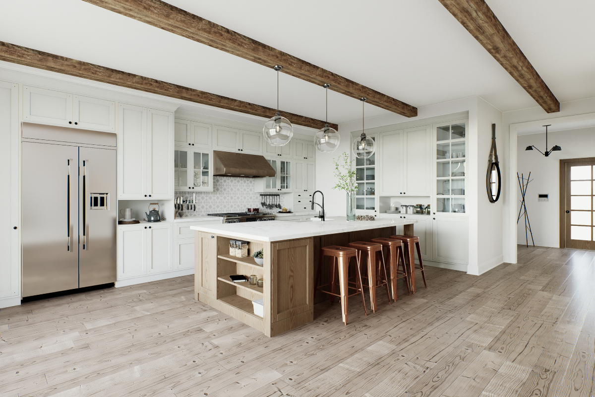 Luxury white kitchen with large island and natural wood accents