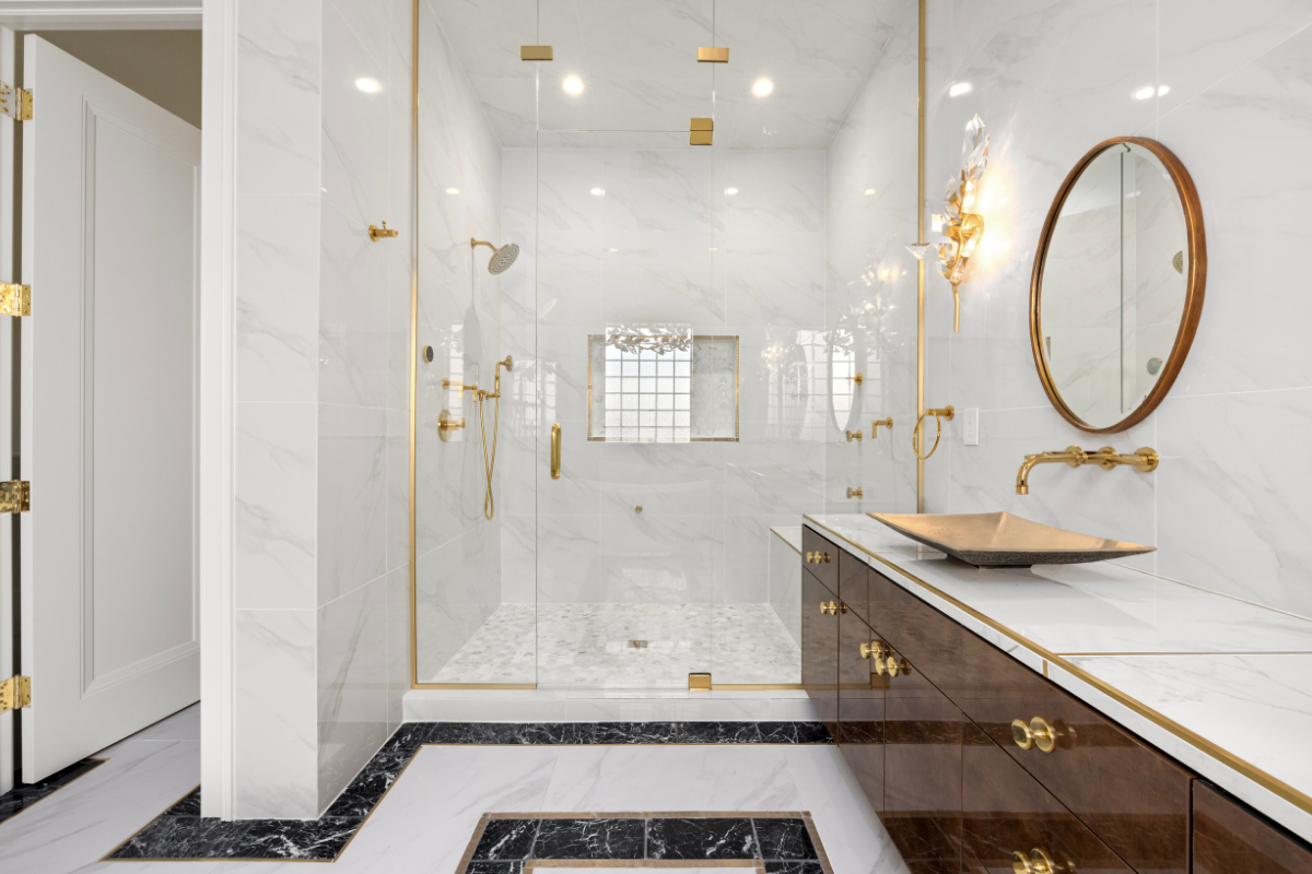 Luxury bathroom with freestanding tub and custom double vanity