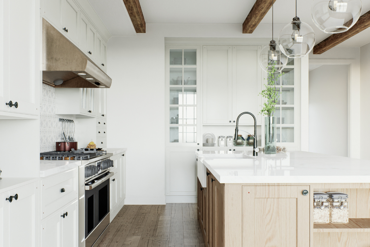 Open-concept white kitchen with modern cabinetry